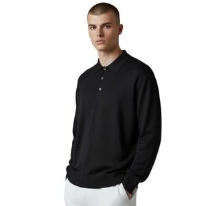 Gran Sasso NWT Mens Black Wool Cashmere Silk Sleeve Polo Sweater Made in Italy